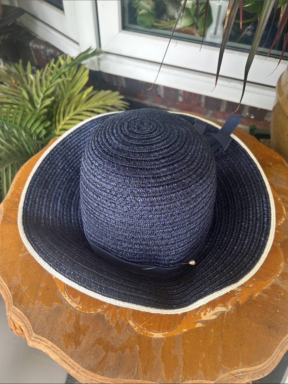 Vintage Navy Straw Sun Hat with White Trim